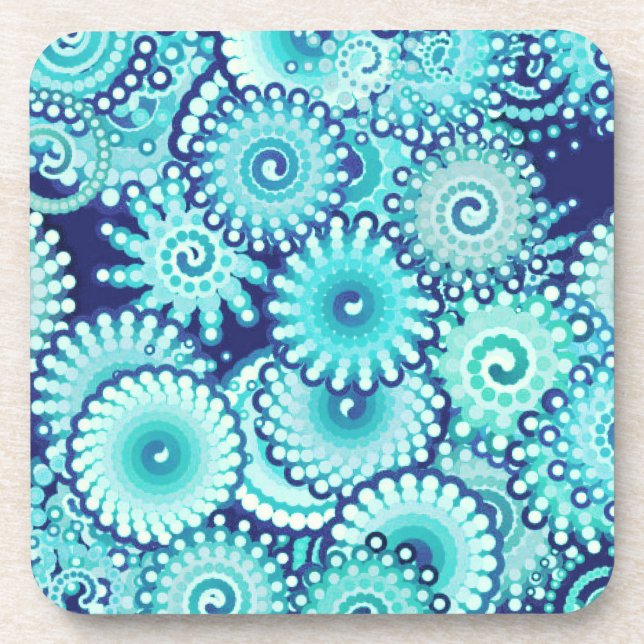 Fractal swirl pattern, shades of denim blue coaster (Front)