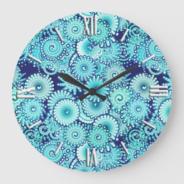 Fractal swirl pattern, shades of denim blue large clock (Front)