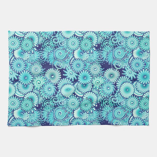 Fractal swirl pattern, shades of denim blue tea towel (Horizontal)