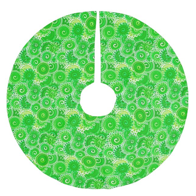 Fractal swirl pattern, shades of emerald green brushed polyester tree skirt (Front)