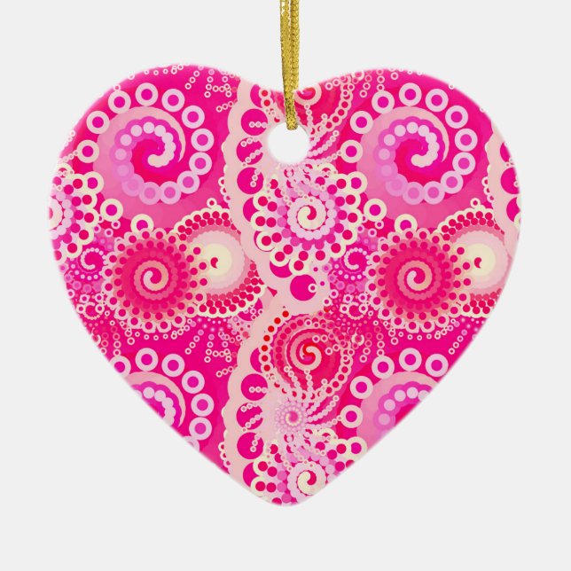 Fractal swirl pattern, shades of fuchsia pink ceramic tree decoration (Front)