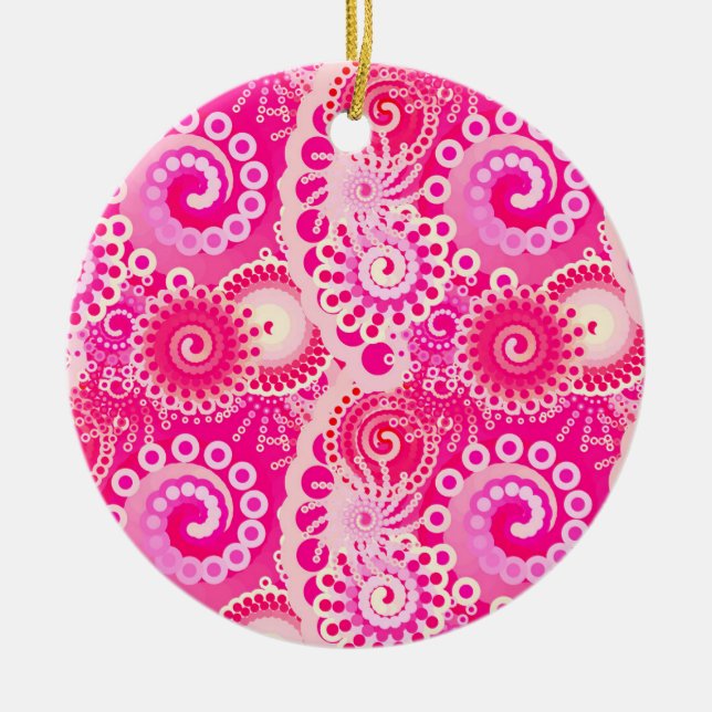 Fractal swirl pattern, shades of fuchsia pink ceramic tree decoration (Front)