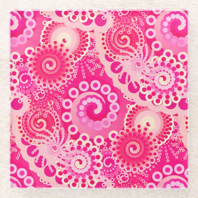 Fractal swirl pattern, shades of fuchsia pink glass coaster (Front)