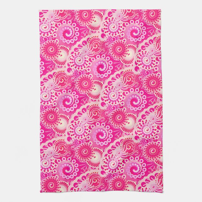 Fractal swirl pattern, shades of fuchsia pink tea towel (Vertical)