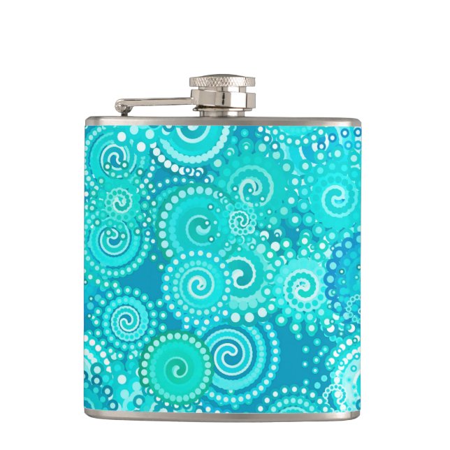 Fractal swirl pattern, shades of ocean blue hip flask (Front)