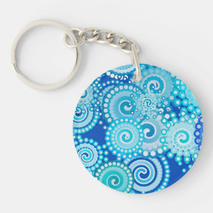 Fractal swirl pattern, shades of ocean blue key ring