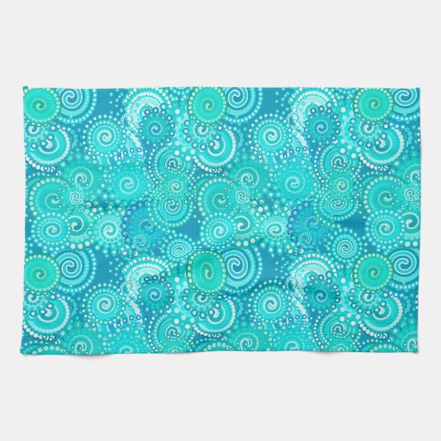 Fractal swirl pattern, shades of ocean blue tea towel (Horizontal)