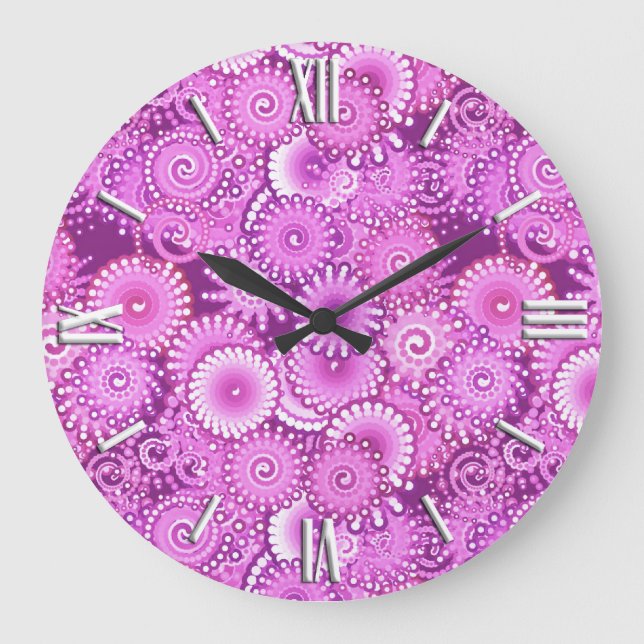 Fractal swirl pattern, shades of plum and violet large clock (Front)
