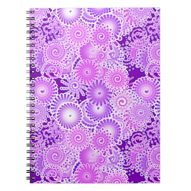 Fractal swirl pattern, shades of purple spiral notebook (Front)