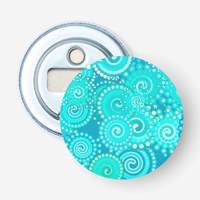 Fractal swirl pattern, shades of turquoise bottle opener (Front)