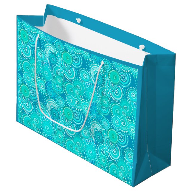 Fractal swirl pattern, shades of turquoise large gift bag (Front Angled)