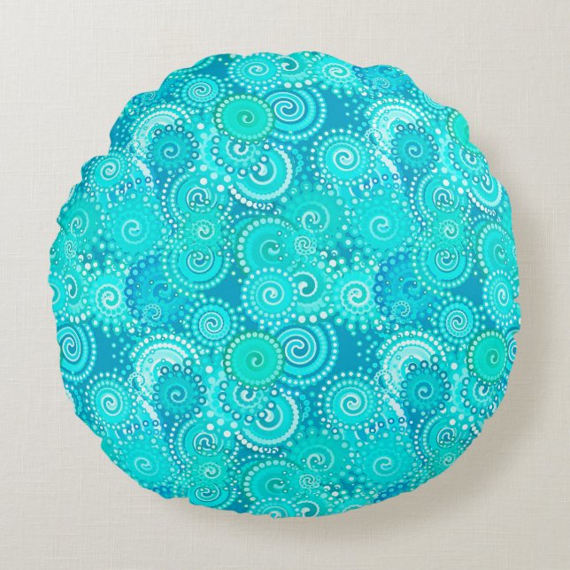 Fractal swirl pattern, shades of turquoise round cushion (Front)