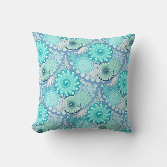 Fractal swirl pattern, turquoise, green, blue cushion (Front)