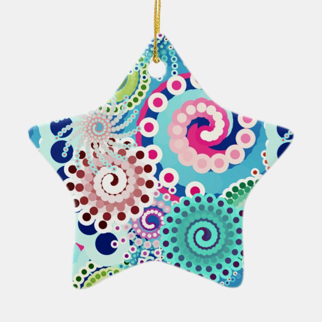 Fractal swirl pattern, turquoise, pink, multi ceramic tree decoration (Front)
