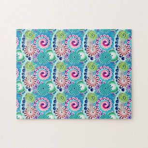 Fractal Swirl Pattern, Turquoise Pink Multi Jigsaw Puzzle