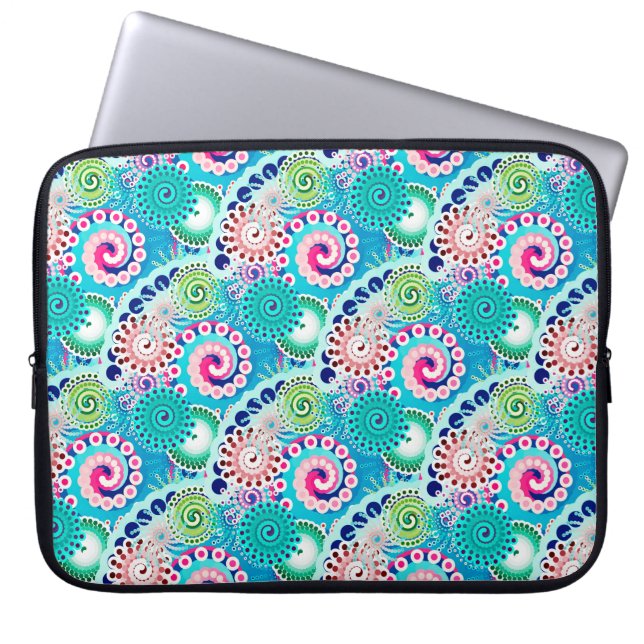 Fractal swirl pattern, turquoise, pink, multi laptop sleeve (Front)