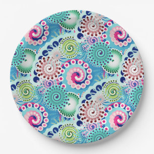 Fractal swirl pattern, turquoise, pink, multi paper plate