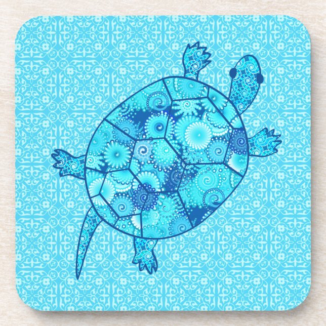 Fractal swirl turtle - cobalt and turquoise blue coaster (Front)