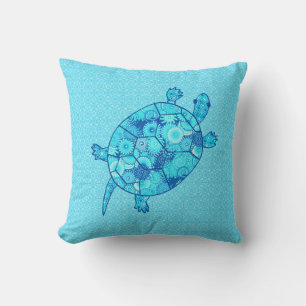 Fractal swirl turtle - cobalt and turquoise blue cushion
