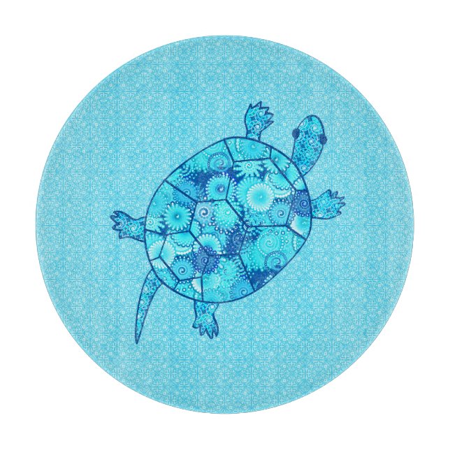 Fractal swirl turtle - cobalt and turquoise blue cutting board (Front)
