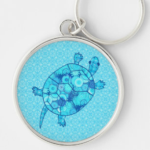 Fractal swirl turtle - cobalt and turquoise blue key ring