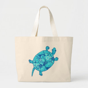 Fractal swirl turtle - cobalt and turquoise blue large tote bag