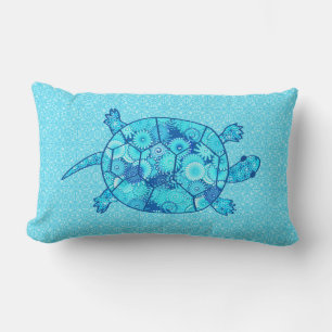 Fractal swirl turtle - cobalt and turquoise blue lumbar cushion