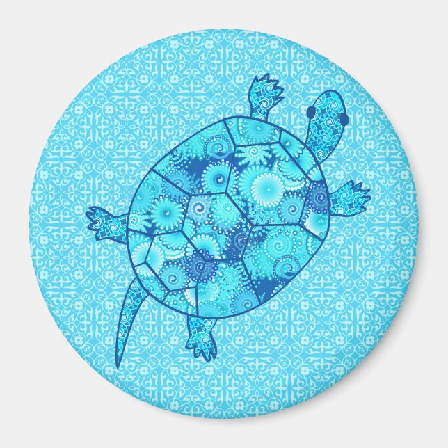 Fractal swirl turtle - cobalt and turquoise blue magnet (Front)