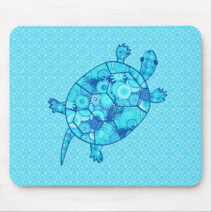 Fractal swirl turtle - cobalt and turquoise blue mouse pad