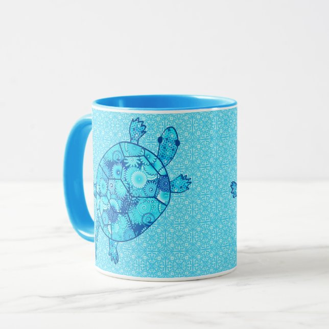Fractal swirl turtle - cobalt and turquoise blue mug (Front Left)