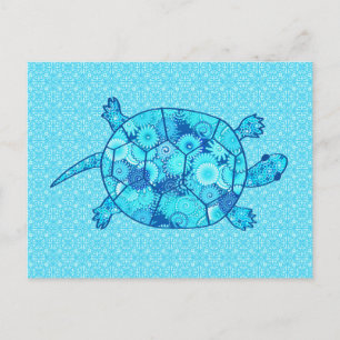 Fractal swirl turtle - cobalt and turquoise blue postcard