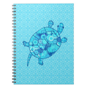 Fractal swirl turtle - cobalt and turquoise blue spiral notebook