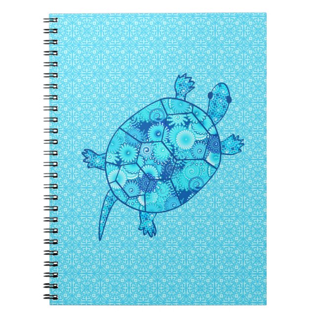 Fractal swirl turtle - cobalt and turquoise blue spiral notebook (Front)