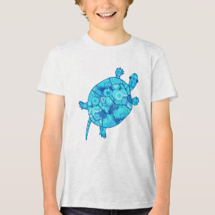 Fractal swirl turtle - cobalt and turquoise blue Tri-Blend shirt
