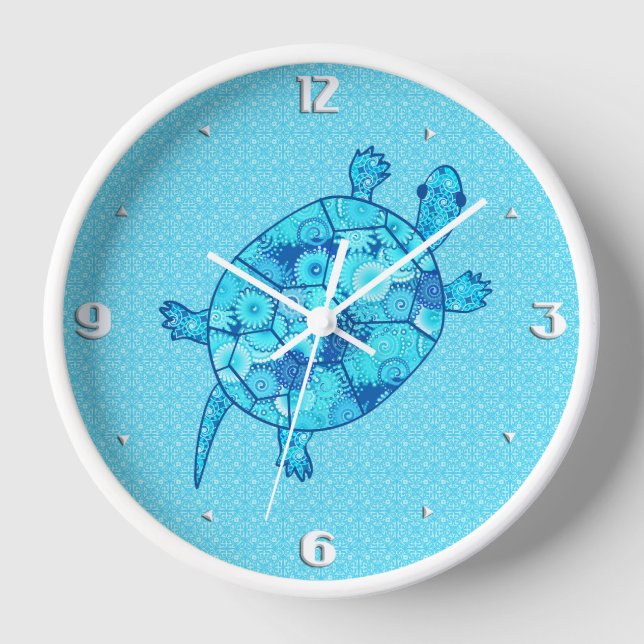 Fractal swirl turtle - cobalt and turquoise blue wall clock (Front)