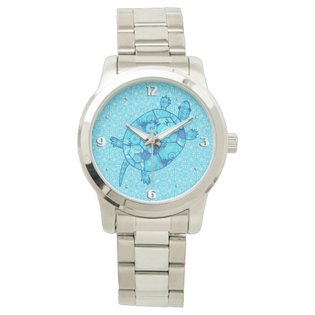 Fractal swirl turtle - cobalt and turquoise blue watch (Front)