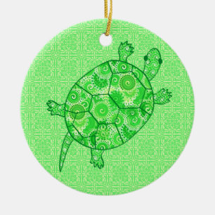 Fractal swirl turtle - lime and emerald green ceramic tree decoration