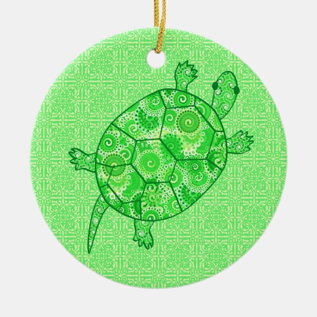 Fractal swirl turtle - lime and emerald green ceramic tree decoration (Front)