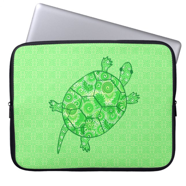 Fractal swirl turtle - lime and emerald green laptop sleeve (Front)
