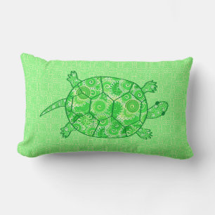 Fractal swirl turtle - lime and emerald green lumbar cushion