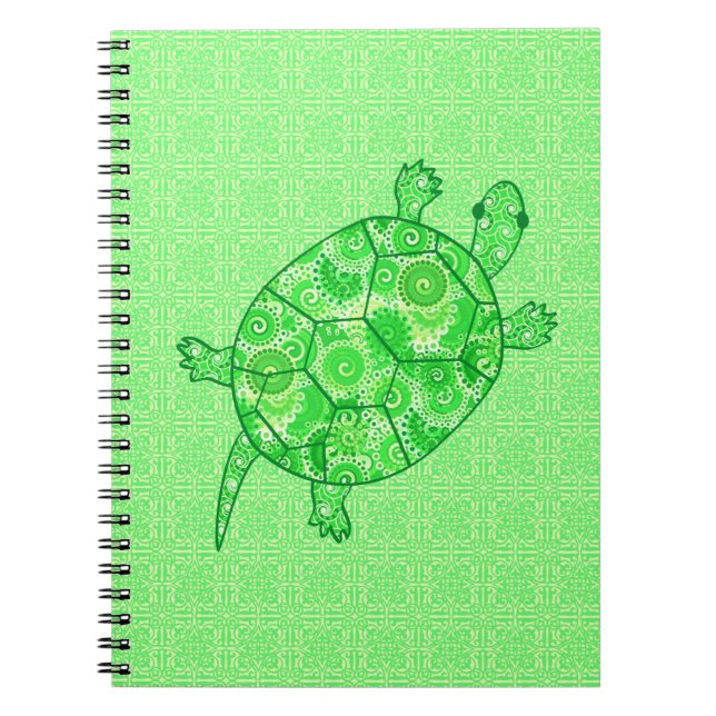 Fractal swirl turtle - lime and emerald green spiral notebook (Front)