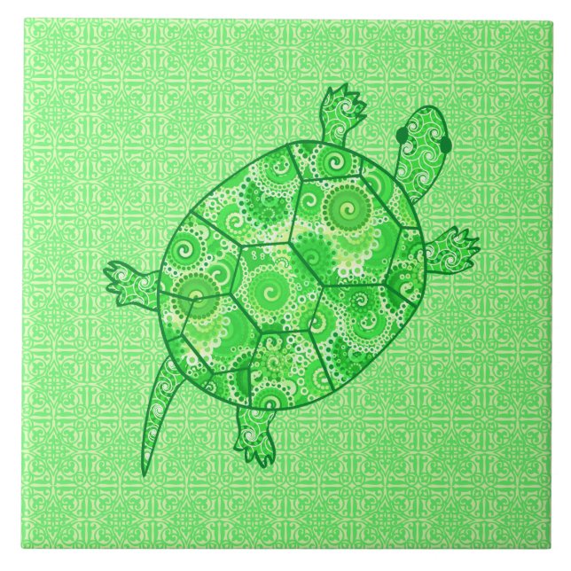 Fractal swirl turtle - lime and emerald green tile (Front)
