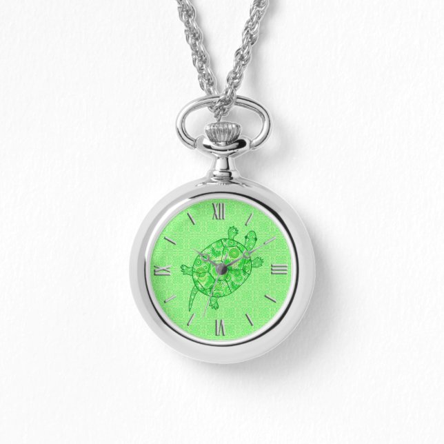 Fractal swirl turtle - lime and emerald green watch (Front)