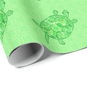 Fractal swirl turtle - lime and emerald green wrapping paper