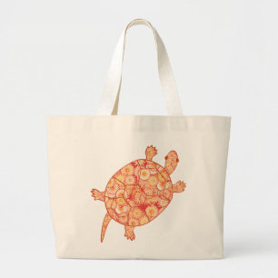 Fractal swirl turtle - shades of mandarin orange large tote bag