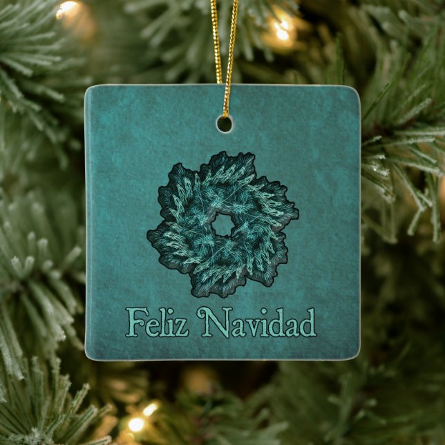 Fractal Wreath - Feliz Navidad Ceramic Ornament (Tree)