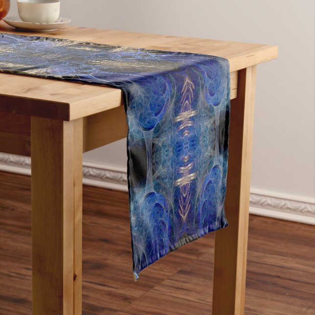 FRACTOTEM #002 Blue Gold Fractal Artistry Short Table Runner (In Situ)