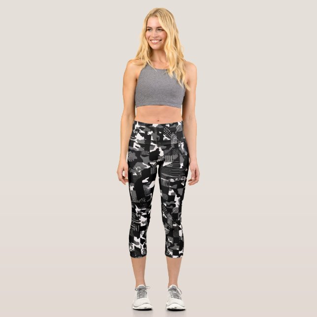 "Fractura" - Black White Camouflage Pattern  Capri Leggings (Front)