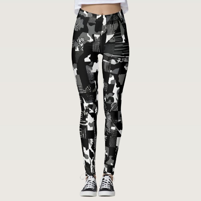 "Fractura" - Black White Camouflage Pattern  Leggings (Front)