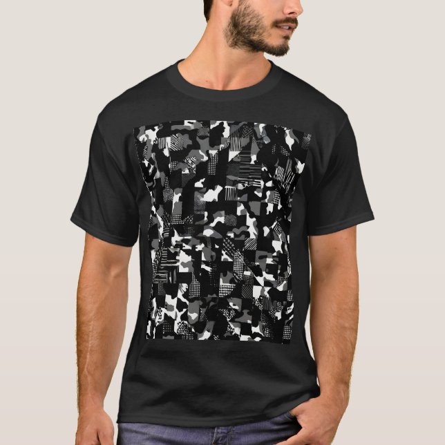 "Fractura" - Black White Camouflage Pattern  T-Shirt (Front)
